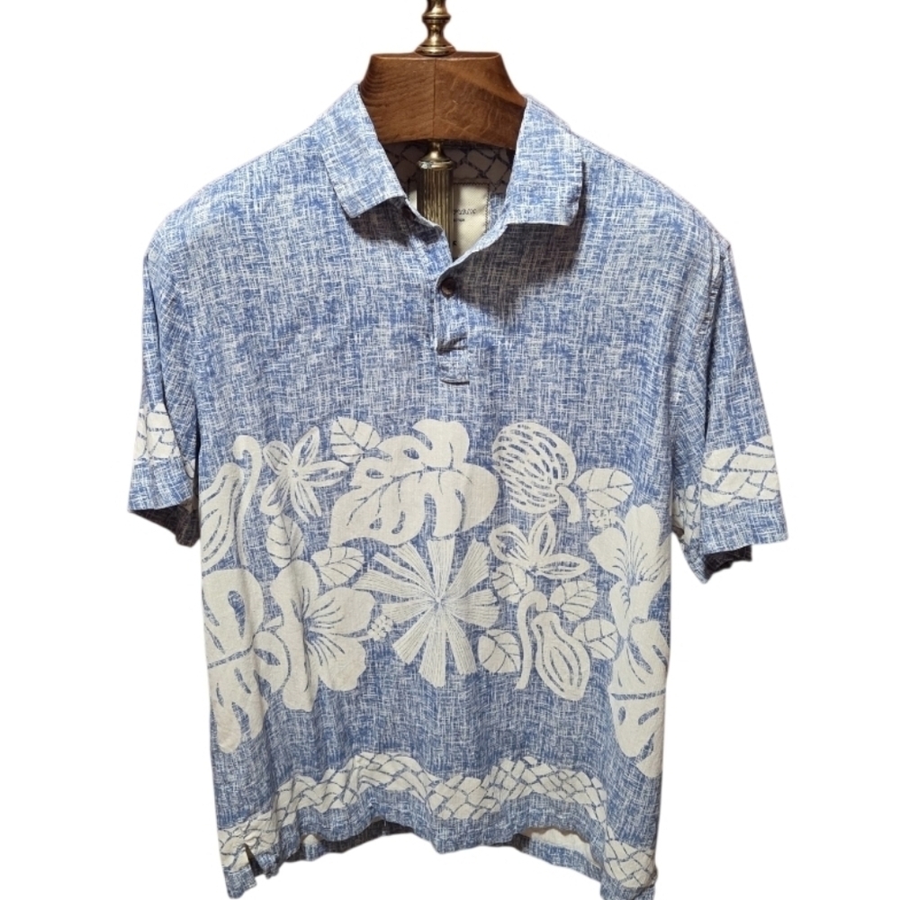 Island Republic Men’s 100% Silk Camp Hawaiian Aloha Shirt Blue White Size XL